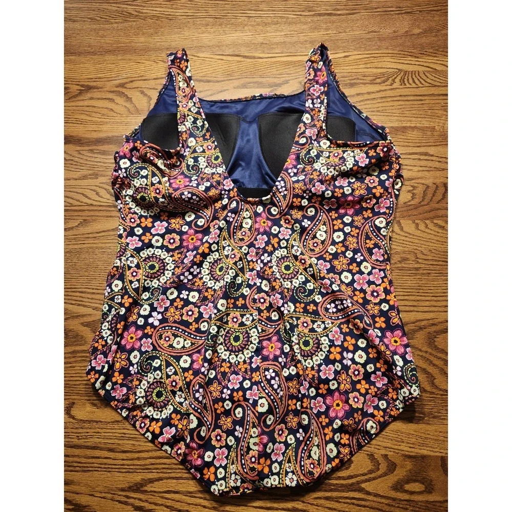 Lands' End‎ One-Piece Swimsuit Womens Slimming Navy Floral Paisley Size 22W